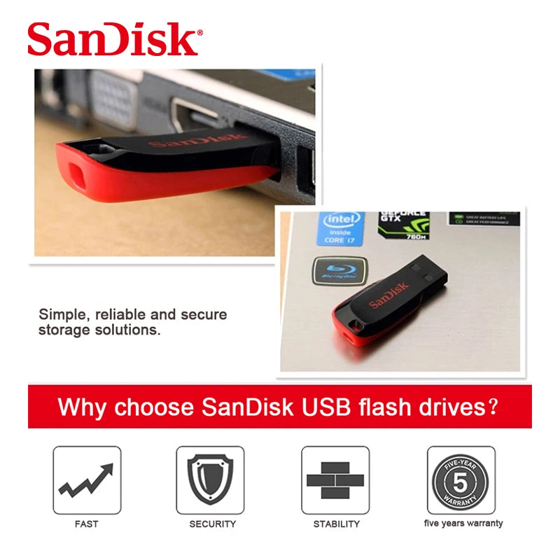 SanDisk CZ50 USB 2.0 Flash Drive – 128GB Pen Drive – Black/Red