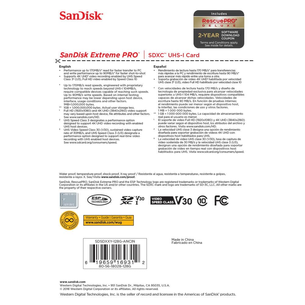 SanDisk 128GB Extreme PRO SDXC Memory Card
