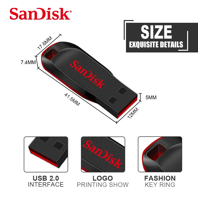 SanDisk CZ50 USB 2.0 Flash Drive – 128GB Pen Drive – Black/Red