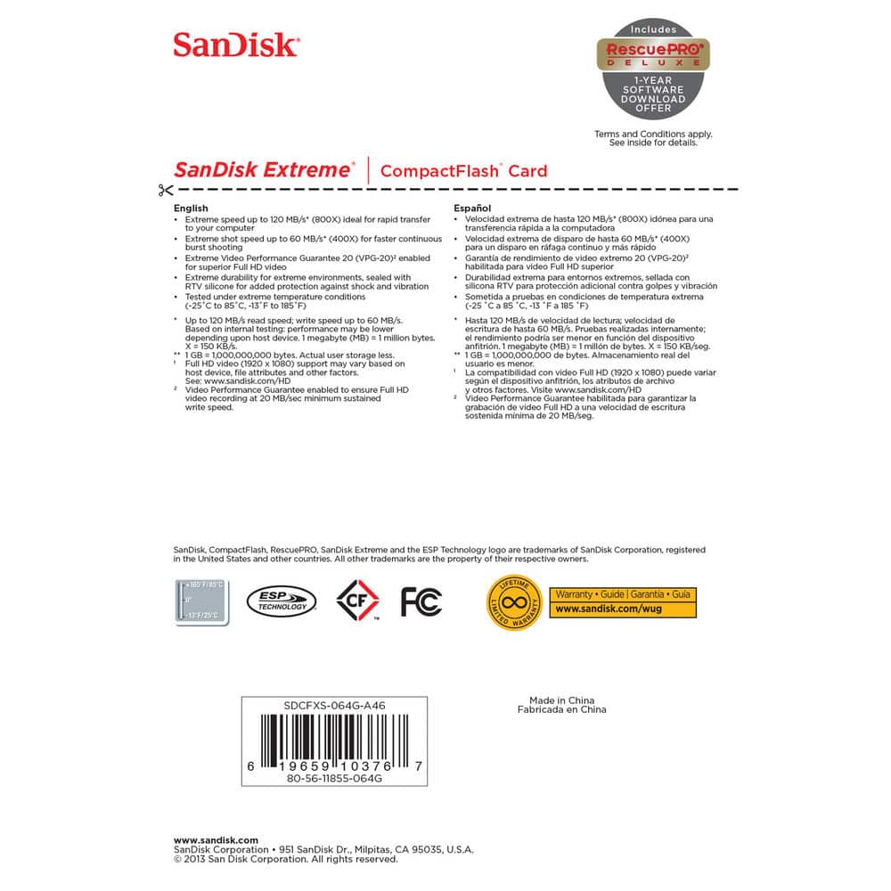 SanDisk Extreme 64GB UDMA7 CompactFlash Card (Black/Gold)